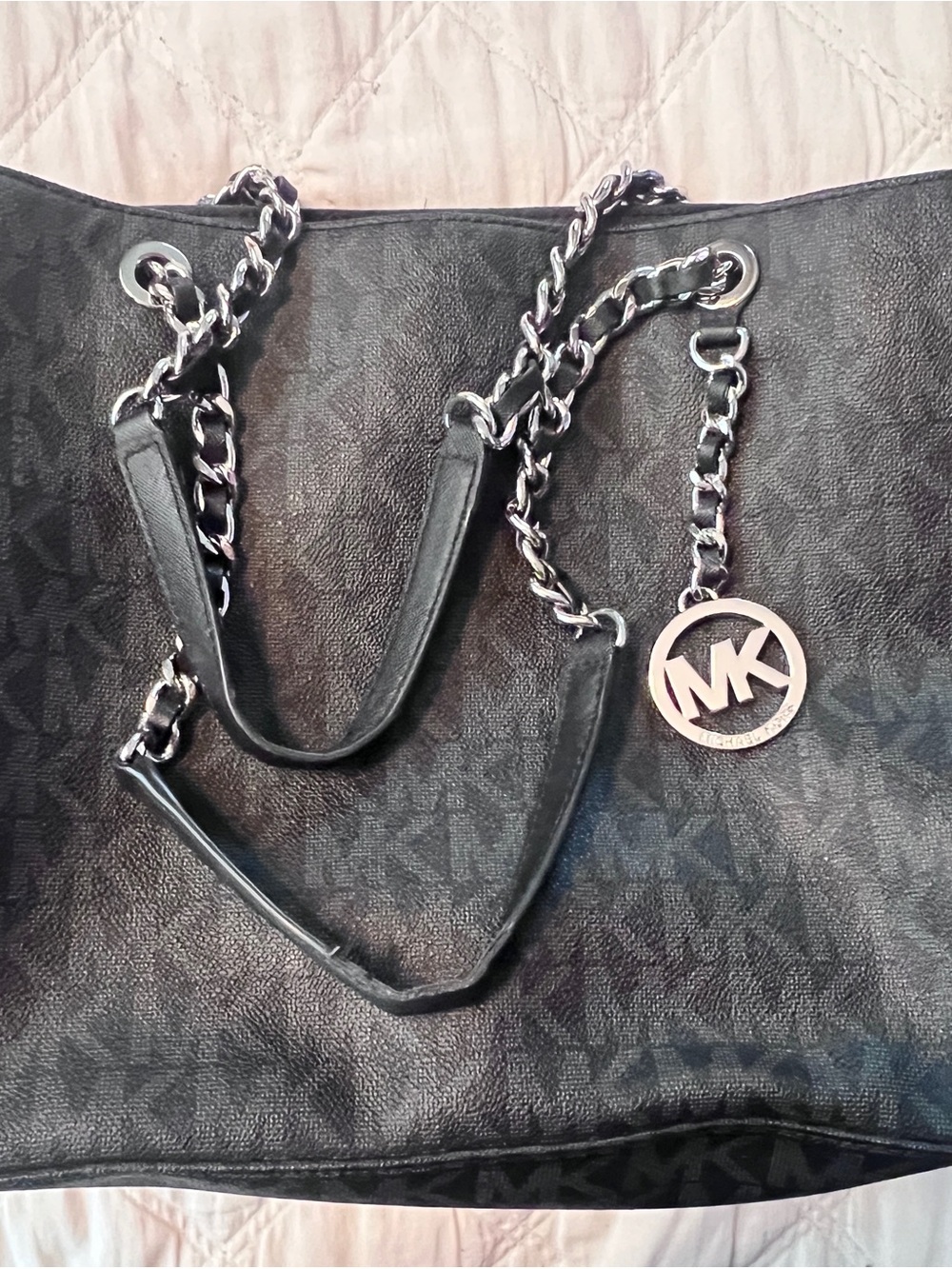 Michael Kors Black Logo-Print Chain Tote with MK Charm